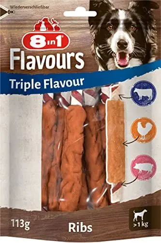 Produktbild: 8in1 Triple Flavour Ribs Kaustangen für Hunde - Kausnacks mit extra viel Fleisch, 113g Beutel (ca. 6 Stück)