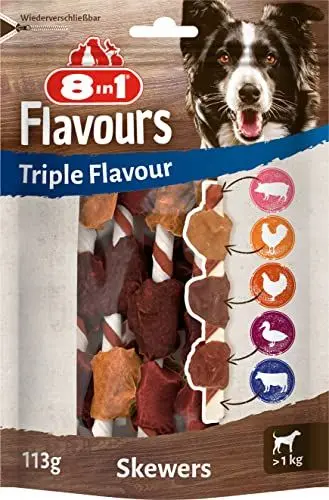 Produktbild: 8in1 Triple Flavour Skewers Kaustangen für Hunde - Kausnacks mit extra viel Fleisch, 113g Beutel (ca. 6 Stück)
