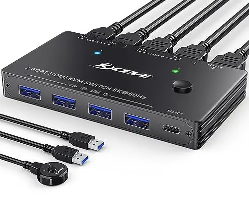 Produktbild: 8K USB 3.0 KVM Switch HDMI 8K@60Hz 4K@120Hz,MLEEDA HDMI 2.1 KVM-Switches für 2 PC teilen 1 Monitor und Tastatur Maus Drucker, HDCP 2.3, HDR 10, mit Kabelfernbedienung und 2 USB3.0-Kabeln