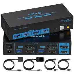 Produktbild: 8K60Hz Displayport HDMI KVM Switch 2 PC 2 Monitore 4K120Hz USB 3.0 KVM Switches mit 4 USB Anschlüssen für zwei Computer mit gemeinsamem Dual-Monitor, Tastatur, Maus, Drucker und U-Disk