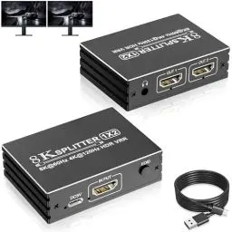 Produktbild: 8K@60Hz HDMI 2.1 Splitter 1 in 2 Out, 1x2 HDMI Splitter 1 zu 2 unterstützt 1 HDMI-Quelle auf 2 Displays, 8K 4K HDMI Splitter Dual Monitore duplizieren Ultra HD HDR VRR für Xbox PS5/4/3 Roku TV
