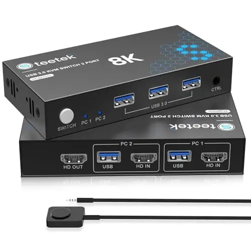 Produktbild: 8K@60Hz HDMI KVM Switch 2 PC 1 Monitore, KVM Switch mit 3 USB 3.0 Hub für 2 Computer teilen sich 1 Tastatur, Satz Maus, U-Disk und Drucker, mit 4K@60Hz kompatibel sind, Adaptives EDID, Plug-and-Play