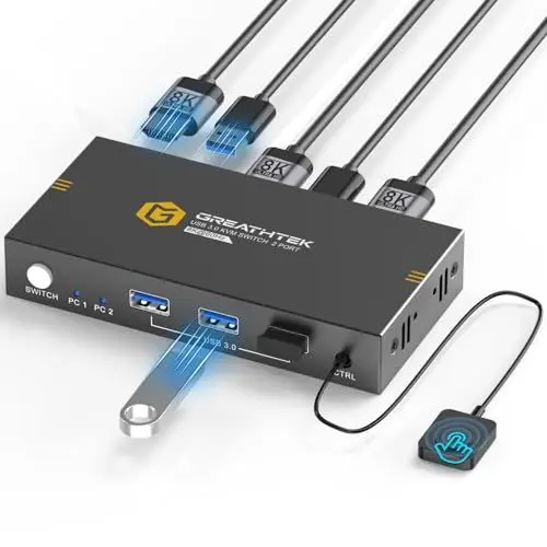 Produktbild: 8K@60Hz HDMI KVM Switch 2 PC 1 Monitore, USB 3.0 KVM Switches für 2 Computer teilen sich 1 Monitor, Mit 3 USB3.0 -Geräten, mit Wird Draht Desktop Controller und 2 USB 3.0-Kabeln, Adaptive EDID
