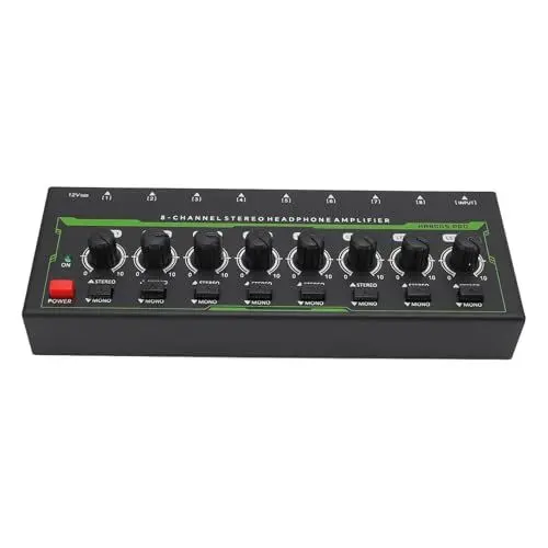 Produktbild: 8-Kanal-Kopfhörerverstärker, Splitter mit Lautstärkeregelung, RGB-Atemlicht, Mono- und Stereo-Schalter, Metall-Stereo-Klinkenstecker, Geeignet für Musikbegeisterte (EU-Stecker)