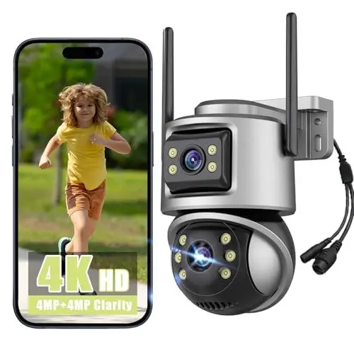 Produktbild: 8MP Überwachungskamera Aussen 4K Outdoor Dual Kameras 2.4G WiFi PTZ WLAN 360° Sichtbereich mit Personen Fahrzeugerkennung,6X Hybrid Zoom,2-Wege-Audio,Vollfarbige Nachtsicht,Alarmmeldung,IP66,Alexa