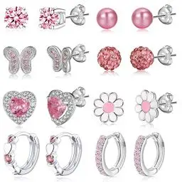 Produktbild: 8Paare 925 Sterling Silber Ohrringe für Mädchen Damen Hypoallergene Ohrringe Tiny Herz Hoop Ohrringe CZ Ball Schmetterling Daisy Gestüt Sets für Teenager Kinder Kleinkind Rosa Silber