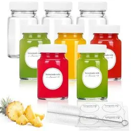 Produktbild: 8pcs 2oz/60ml Glas Saft Flaschen mit Deckel und Etiketten, wiederverwendbares kleines klares Glas für Saft, Ingwer, Wellness Shot, Probe, Reise tragbare Mini Flaschen mit breitem Mund, auslaufsicher