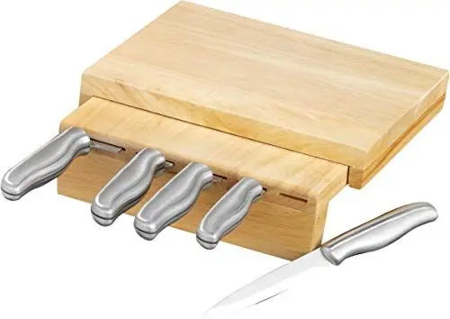Produktbild: 8-tlg. multifunktionaler Messerblock CORONA Messergriffe aus Edelstahl mit PP-Füllung inkl. Messerblock und abnehmbarem Schneidbrett