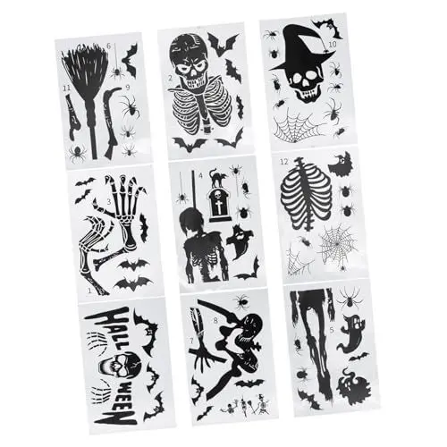 Produktbild: 9 Blätter Furchtsamer Schädel-Fenster-Aufkleber entfernbare Wandaufkleber Türaufkleber halloween wanddeko halloween fensterbilder Party-Fensteraufkleber zarter Spiegelaufkleber PVC Amosfun