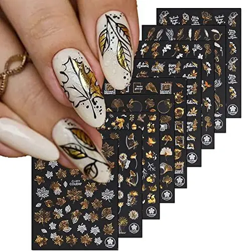 Produktbild: 9 Blätter Herbstblätter Nagel Aufkleber, Weißer Laser Gold Ahornblatt Nagel Kunst Aufkleber Herbst Nagelsticker Selbstklebend Nagelabziehbilder Herbstlaub Nageldesign Nail Art Dekoration Nail Sticker