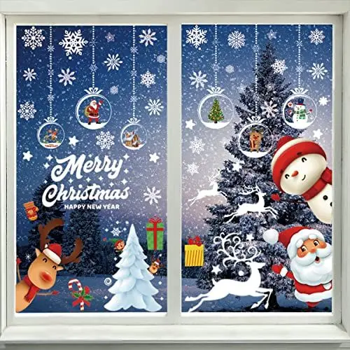 Produktbild: 9 Blatt Fensterdeko Weihnachten Fenstersticker Selbstklebend Fensterbilder Weihnachten Fensteraufkleber PVC für Türen Schaufenster Winter Deko Doppelseitiger Druck Elektrostatischer Fensterdeko (B)