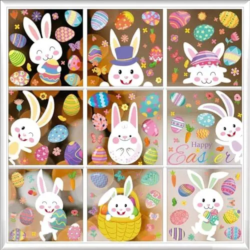 Produktbild: 9 Blatt Ostern Fensterbilder, Fensterdekoration Ostern, Fenstersticker Ostern, Osterfenster Klammert, Fensterbilder Frühling für Ostern Dekoration, Frühlingsdeko Fenster mit Hasen Ostereier Küken
