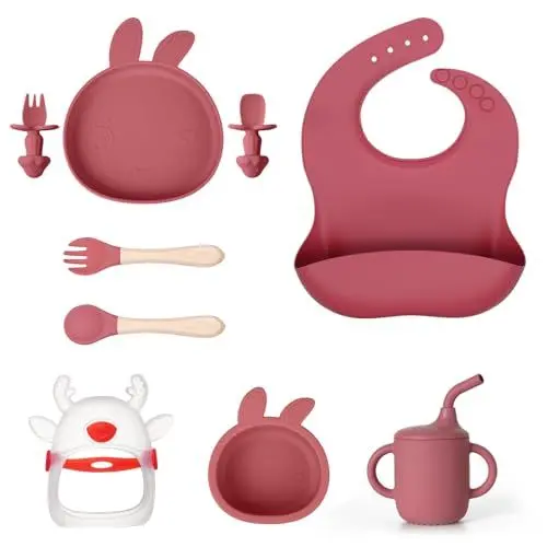 Produktbild: 9 Stück Baby Geschirrset,Silikon Kinderteller mit Saugnapf,Kindergeschirr Set mit Baby Lätzchen Beißring Trinkbecher Schüssel Löffel Gabeln (Rosa 1)