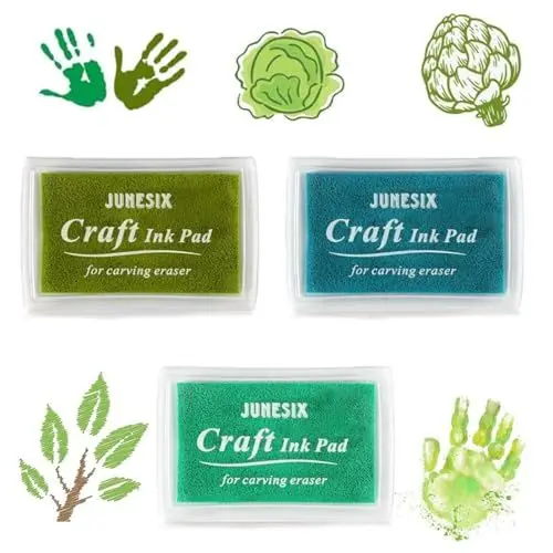 Produktbild: 9 Stück Stempelkissen Set, 3 Farben Pigment-Stempelkissen, Ungiftig Stempelkissen Kinder, Grün Abwaschbar Fingerstempelfarbe für Papier Handwerk Stoff - 7,2 x 5,2 x 2,1 cm