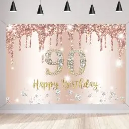 Produktbild: 90. Geburtstag Deko Frauen, 90 Geburtstag Dekoration Roségold Glitzerflecken Stoff Schild Plakat 90 Geburtstagsfeier Deko
