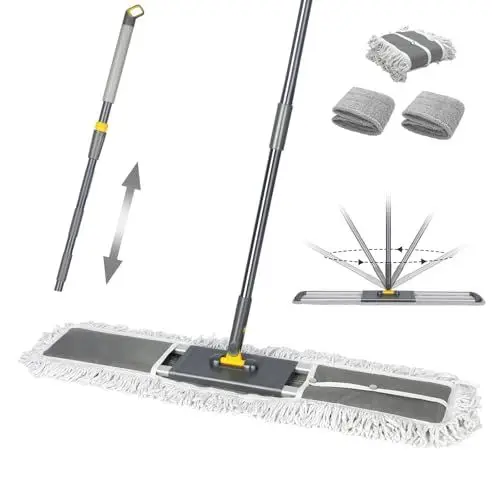 Produktbild: 90cm Breiter Bodenwischer | Flachmopp mit 154cm Edelstahlgriff & 360° Drehbarem Kopf | Industrieller Wischmopp für Haus, Büro, Hotel, Mall & Garage | 1 Baumwolle Pad + 2 Mikrofaser Pads | Masthome