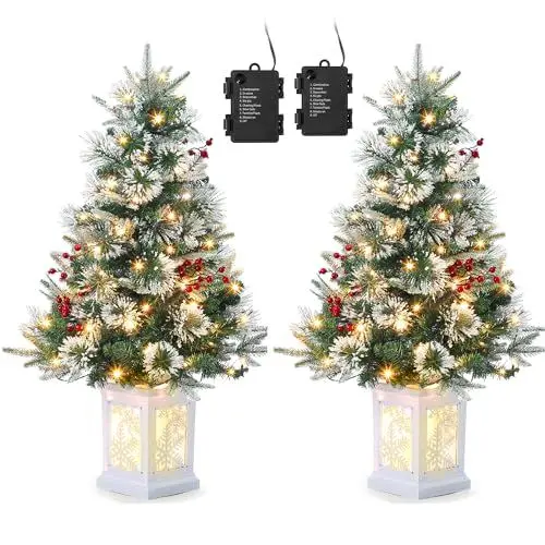 Produktbild: 90cm Weihnachtsbaum künstlich mit 78 Beleuchtung,Batteriebetrieben Pre-lit Premium Snow Flocked Künstlicher Weihnachtsbaum Weihnachten deko für Zuhause, Büro (2, Weißer Sockel - Schneeflocke, 2 PCS)