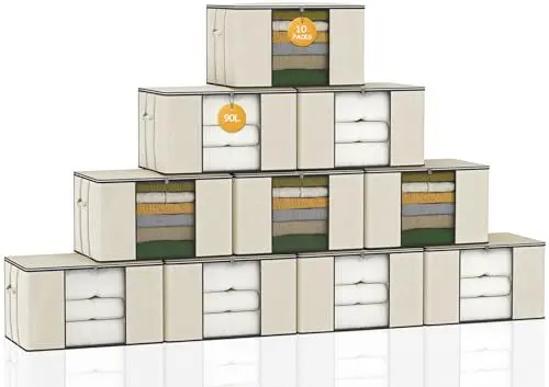Produktbild: 90L Aufbewahrungstasche 10 Stück Umzugskartons Aufbewahrungsbox mit Deckel Kleideraufbewahrung mit Verstärkt Griff Faltbare Aufbewahrungboxen für Bettdecken Bettzeug Aufbewahrung Kleiderschrank Beige
