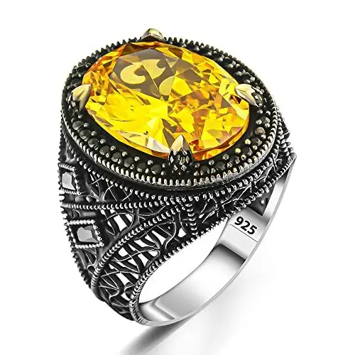 Produktbild: 925 Sterling Silber Gelber Citrin Stein Herrenring mit seitlichen Steinen Zirkon Silberschmuck Geschenk für Männer (70)