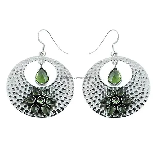 Produktbild: 925 Sterling Silber Handgefertigte Hakenohrringe, Gehämmert ein Tropfen Honig Natürlicher Peridot-Edelstein Damenschmuck