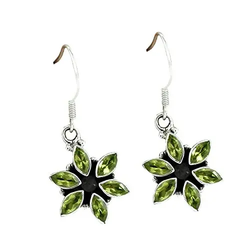 Produktbild: 925 Sterling Silber Handmade Dangle Hook Ohrringe, Blume Natur Peridot Edelstein Damen Schmuck