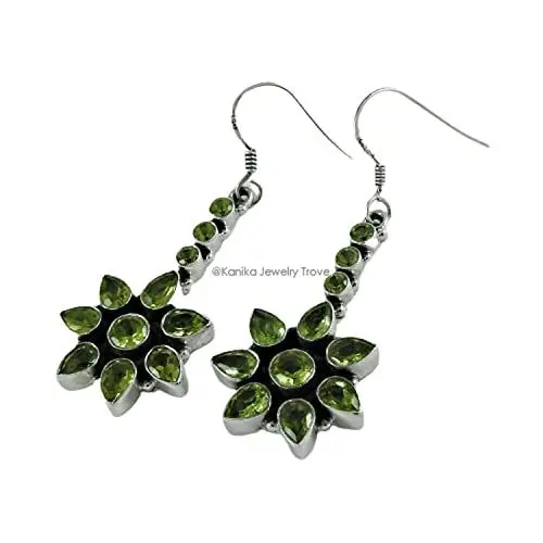 Produktbild: 925 Sterling Silber Handmade Dangle Hook Ohrringe, Floral Natural Peridot Edelstein Damen Schmuck