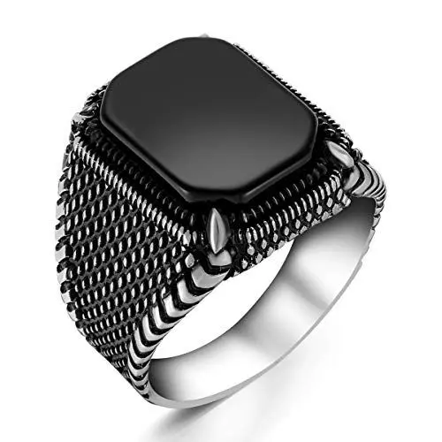 Produktbild: 925 Sterling Silber Schwarz Onyx Stein Adler Klaue Motiv Klassisches Design Mode Herren Ring Zubehör Schmuck Geschenk (69)