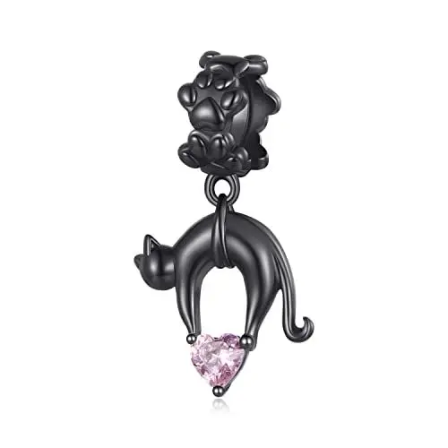 Produktbild: 925 Sterling Silber schwarzer Katzen-Anhängercharms für Pandora-Armband, Herz-Zirkonia-Charm-Bead, Damenschmuck