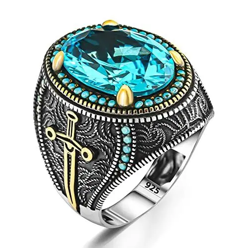 Produktbild: 925er Sterling Silber Schwert Motiv Aquamarin Steinkanten Türkis Herrenring Silberschmuck für Männer Geschenk (60)