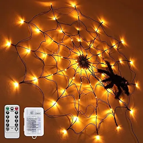 Produktbild: 96 LED Halloween Spinnennetz Lichter, 8 Modi mit Fernbedienung Schwarze Spinnennetz Lichter mit Haariger Spinne für Beleuchtete Halloween Dekorationen,Wand,Garten＆ Spukhaus Halloween Dekor<strong>Warmwe:</strong> 