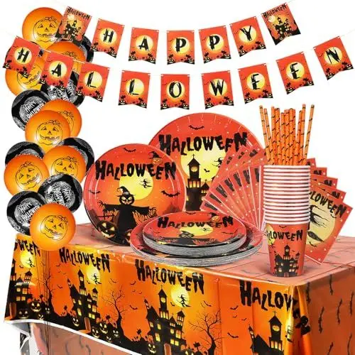 Produktbild: Cabilock 98pcs Halloween Partygeschirr Set: Halloween Partygeschirr Set,Halloween Geschirr Set für 16 Gäste eller Becher Servietten Pappteller Party Halloween Deko