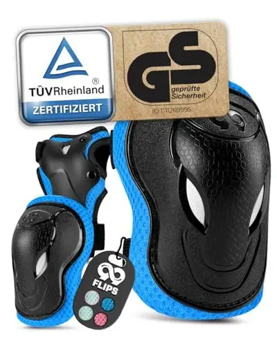 Produktbild: 99FLIPS Knieschoner Kinder 6er Set, GS-Zertifiziert vom TÜV Rheinland, Ellenbogen und Handschoner für Inliner und Skateboard mit Aufbewahrungsbeutel