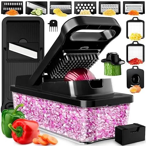 Produktbild: 9-in-1 Gemüseschneider mit Mandoline Gemüsehobel - Edelstahl Klingen Gemüse Schneider - Gurkenhobel Zwiebelschneider Kartoffelschneider Wellenschneider Julienneschneider - Gemüsereibe Küchenreibe