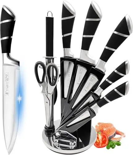 Produktbild: 9-tlg Messerset mit Drehbare Acryl Messerblock, Rosa Sharp Antihaft Beschichtete Kochmesser Block Set,Edelstahl Messer Set für Küche mit Schärfer zum Schneiden Schneiden Würfeln Hacken (Schwarz)
