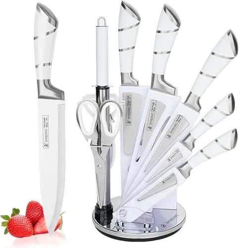 Produktbild: 9-tlg Messerset mit Drehbare Acryl Messerblock, Rosa Sharp Antihaft Beschichtete Kochmesser Block Set,Edelstahl Messer Set für Küche mit Schärfer zum Schneiden Schneiden Würfeln Hacken (Weiß)