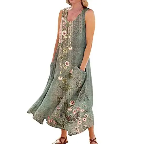 Produktbild: A Linien Kleid Damen Sommer Sommerkleid Damen Lang Leicht Und Luftig Leinenkleid Ärmellos Strandkleider Damen Sommer Strandkleid Große Größen Maxikleider Grün 5XL