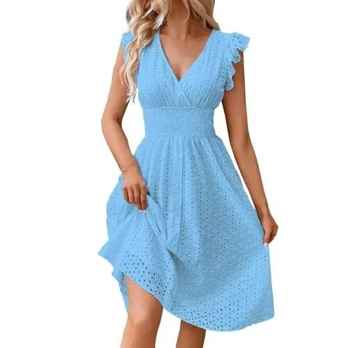 Produktbild: A Linien Kleid Damen Sommer Strandkleid Damen Luftig Sommerkleid Midi Damenkleider Elegant Festliche Kleider Knielang Rüschenkleid mit Lochstickerei Freizeitkleid Tailliert Partykleid