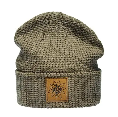 Produktbild: (A) Organic Cotton Strickmütze: Edelweiß mit Leder Patch - Bio Baumwolle Beanie Wintermütze für Herren & Damen - Bergsteigen Klettern Bouldern Sport Wandern Jäger Jagd Jägermütze (One Size - Grün)