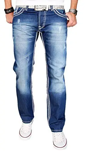 Produktbild: A. Salvarini Herren Designer Jeans Hose blau Stonewash Dicke Weisse Zier Nähte AS011 (AS-011-W34-L30)