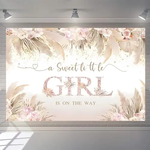 Produktbild: A Sweet Little Girl is on The Way Baby willkommen Hintergrund Rosa Blumen Baby Shower Fotografie Hintergrund Blume Mädchen Party Dekorationen Party Banner Stoffschild Plakat