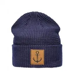 Produktbild: (A) Unisex Organic Cotton Beanie : Anker (Leder Patch) - Trawler Mütze Herren Winter - Bio Baumwolle Docker Strickmütze Damen (One Size - Navy)