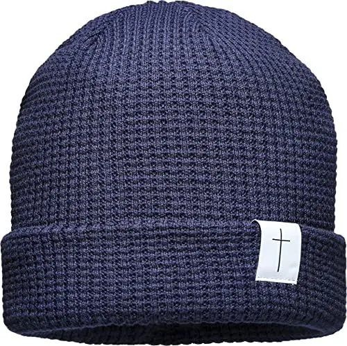 Produktbild: (A) Unisex Organic Cotton Beanie : Kreuz (Patch) - Mütze Herren Winter - Bio Baumwolle Strickmütze Damen (Navy)