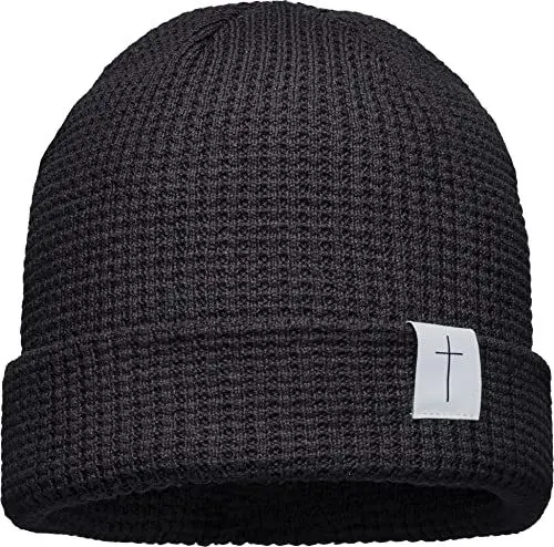 Produktbild: (A) Unisex Organic Cotton Beanie : Kreuz (Patch) - Mütze Herren Winter - Bio Baumwolle Strickmütze Damen (schwarz)