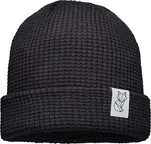 Produktbild: (A) Unisex Organic Cotton Beanie : Polygon Fuchs (Patch) - Mütze Herren Winter - Bio Baumwolle Strickmütze Damen (schwarz)