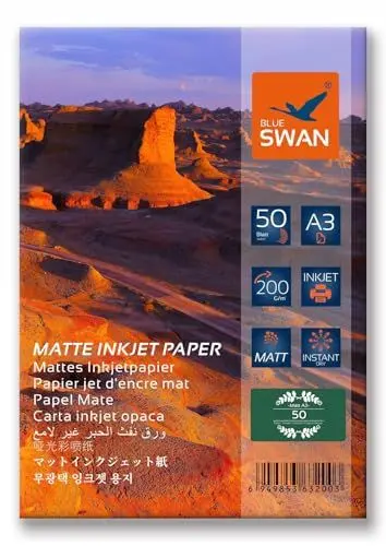 Produktbild: A3 Matt Fotopapier Matte Beschichtung, Einseitig bedruckbar, 200g/qm, DIN A3 (297 x 420 mm) hohe Farbbrillianz, Geringe Reflexion