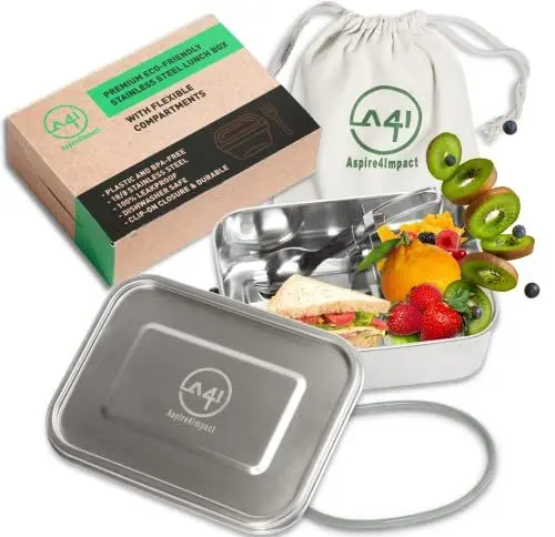 Produktbild: A4i ® Premium Stainless Steel Lunch Box with compartments (800 ml) Brotdose Mit Fächern Erwachsene In 3 Größen, Bento Box Leak-proof, Auslaufsichere Jausenbox, Für Kinder, Silver Visit the Store