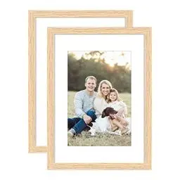 Produktbild: A5 Bilderrahmen aus massivem Eichenholz mit Plexi-glass front, 15x21cm Fotorahmen für 9 x 14 cm Bilder mit Passepartout oder 8 x 6 Zoll ohne Passepartout, freistehend und wandmontierbar, 2er Pack