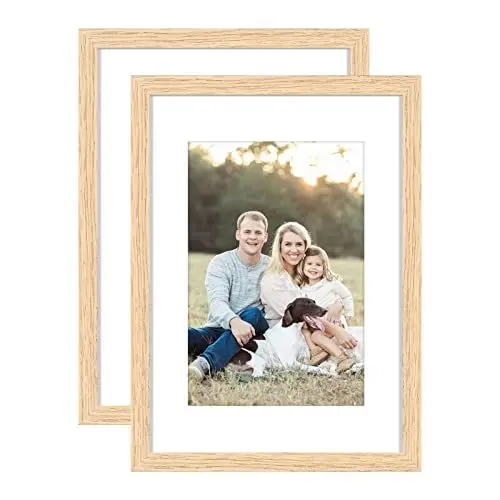 Produktbild: A5 Bilderrahmen aus massivem Eichenholz mit Plexi-glass front, 15x21cm Fotorahmen für 9 x 14 cm Bilder mit Passepartout oder 8 x 6 Zoll ohne Passepartout, freistehend und wandmontierbar, 2er Pack