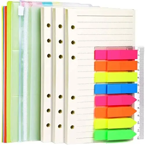 Produktbild: A6 Nachfüllpapier, LEOBRO 6 Löcher A6 Papier Linie 135 Blätter, Register, 320 Stück Haftstreifen, 2 PCS Binder Taschen, A6 Nachfüllbare Refill Paper für Personal Organizer, Loseblatt Notizbuch