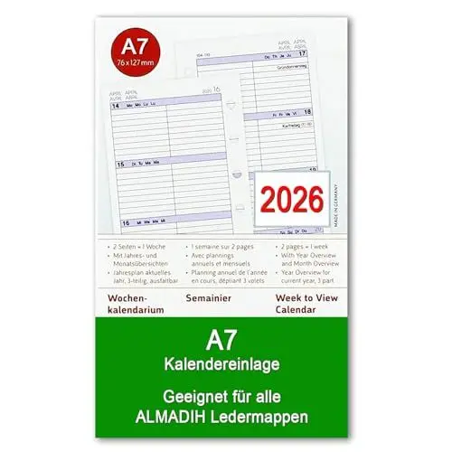 Produktbild: A7 Kalendereinlage 2026 (1 Woche auf 2 Seiten)Wochenplaner für alle gängige Ledermappen Terminplaner Organizer Kombimappe Zeitplaner Ersatz Kalender Einlagen Wochen Kalendarium Jahresplan (A7 Pocket)